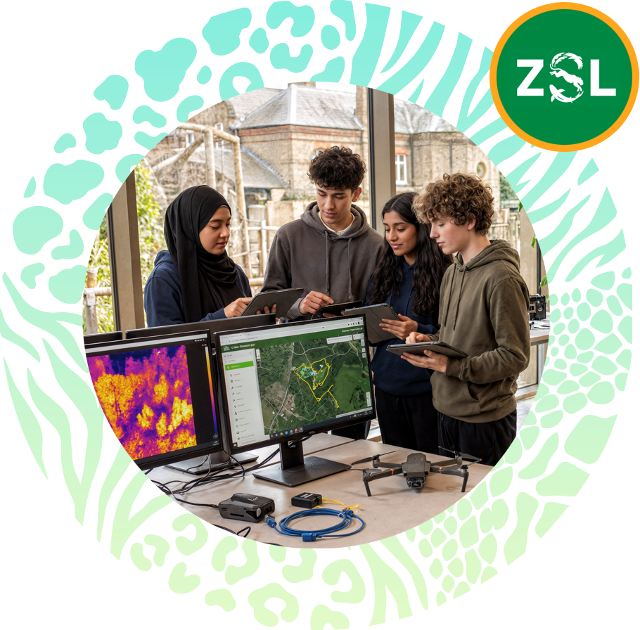 ZSL campaign graphic showing students learning at ZSL